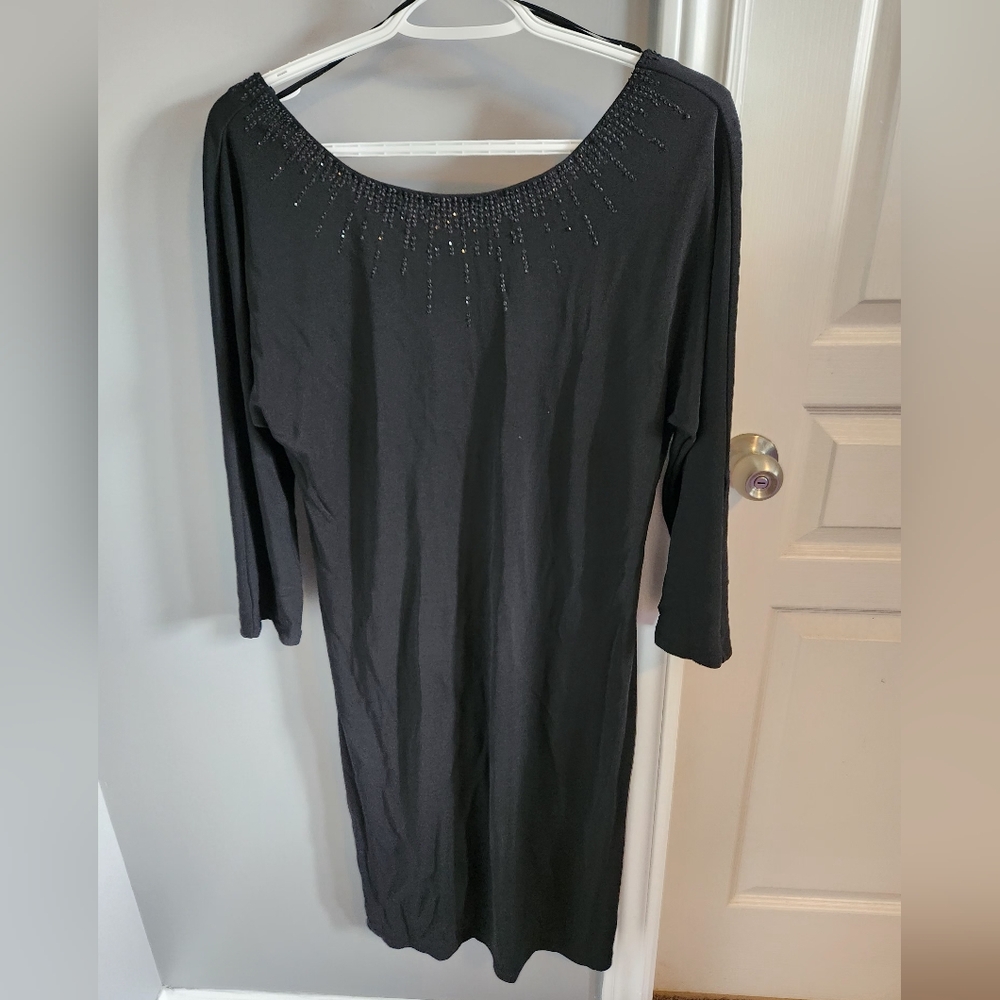 Liz Claiborne Black Long Sleeve Dress with Beaded Neckline